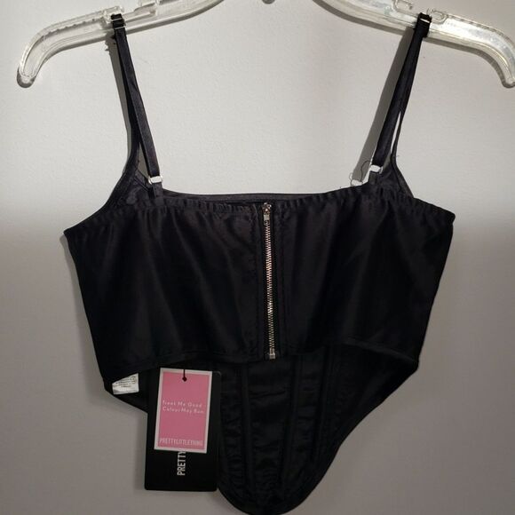 Pretty Little Thing Top Womens 2 Black Satin Dipped Ham Boned Corset Cami Swifty - Picture 3 of 9